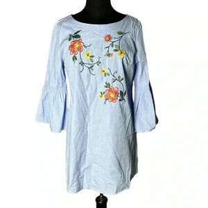 Jealous Tomato Embroidered Floral Striped Bell Sleeve Mini Dress Size L